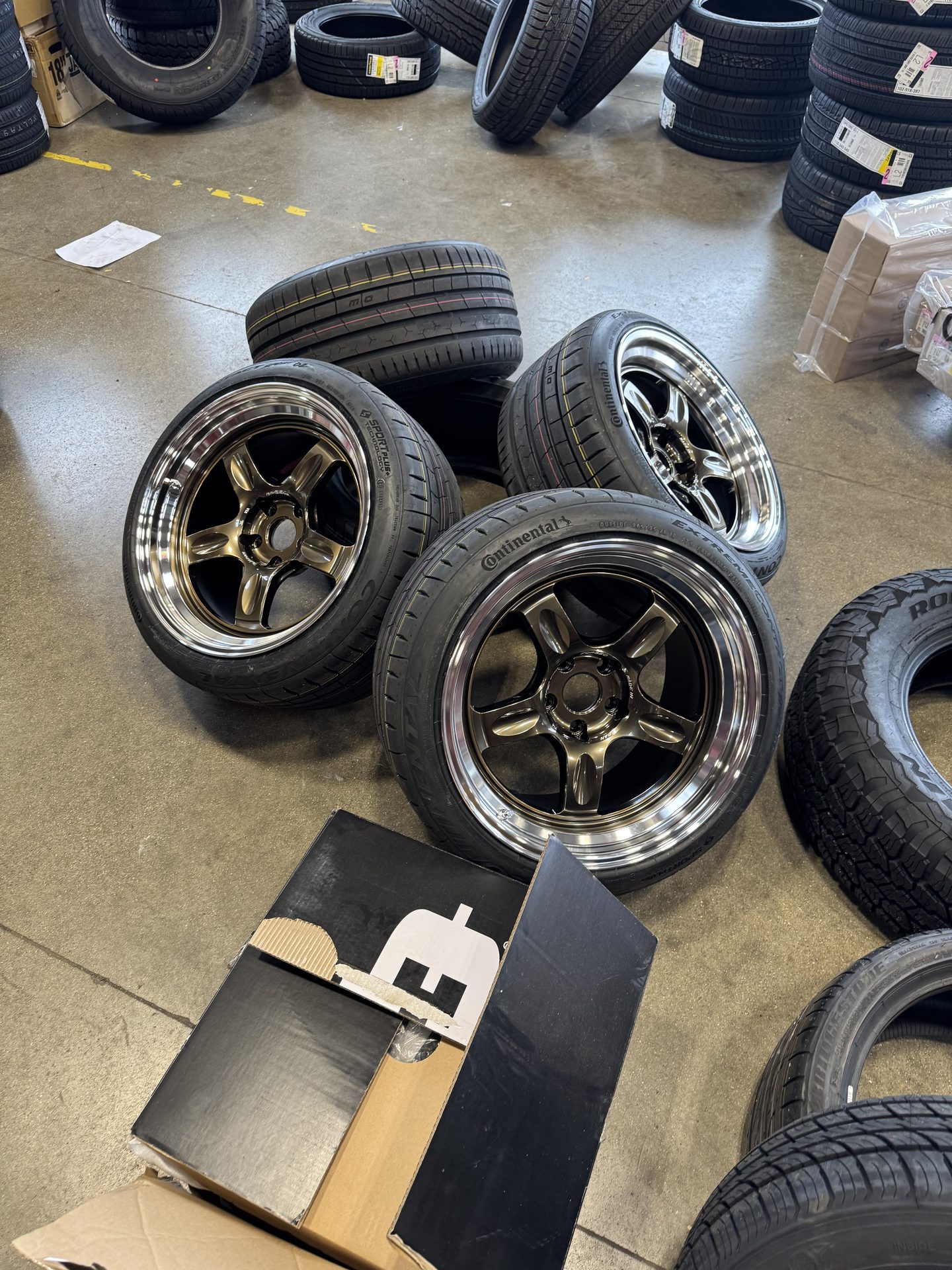 Custom wheels mounted on fresh tires